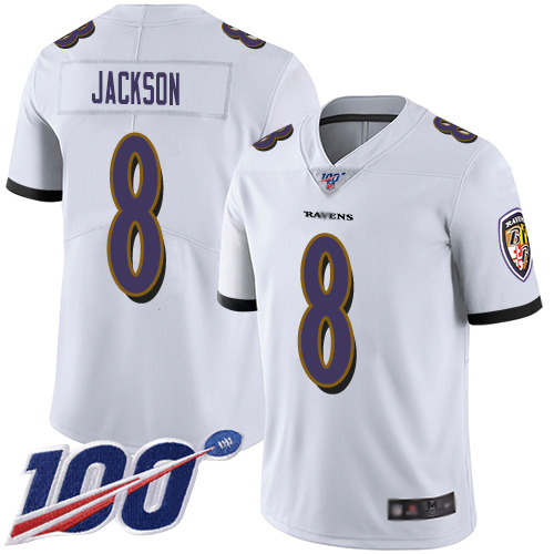Baltimore Ravens Limited White Men Lamar Jackson Road Jersey NFL Football 8 100th Season Vapor Untouchable